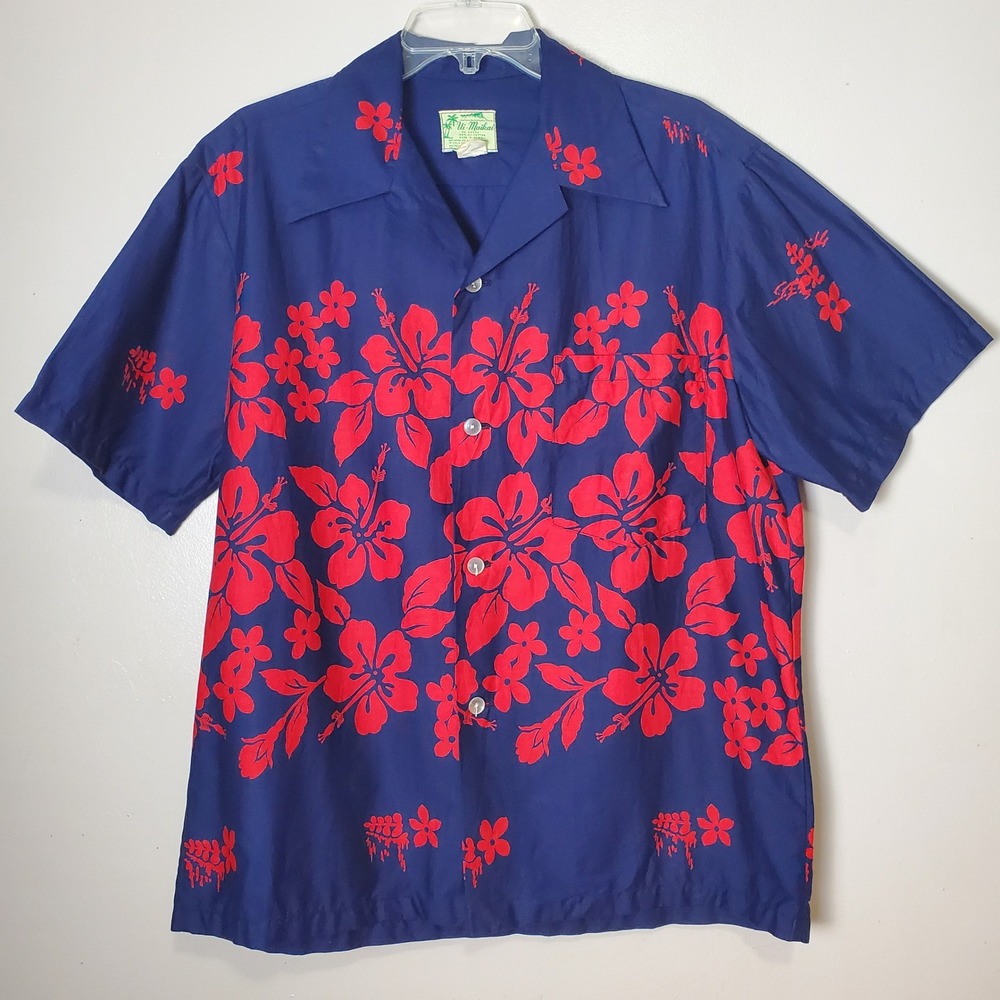 Vintage Ui Maikai Hawaiian Shirt Short Sleeve Men's Large Cotton Red Blue Floral